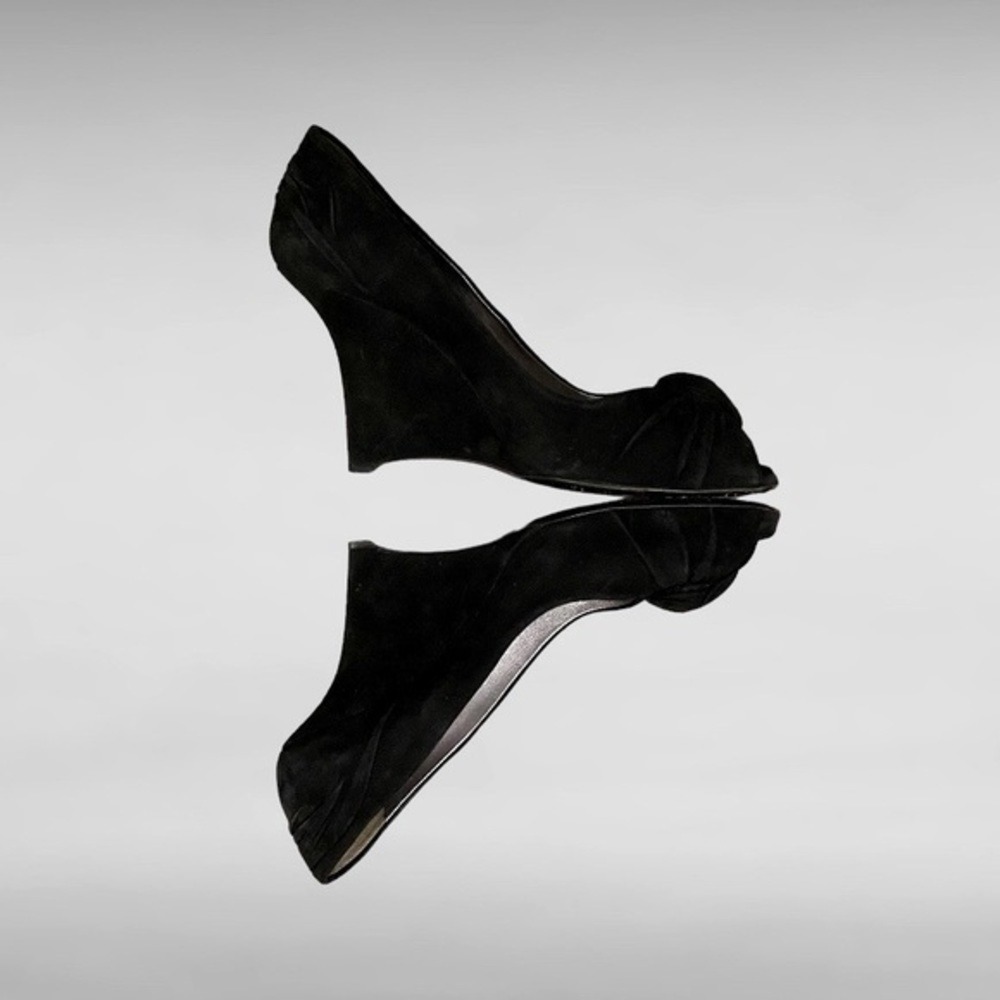 Prada Y2K Black Suede Peep Toe Wedge Pumps Square Toe Leather IT 40 US 9.5-10 - Picture 3 of 13